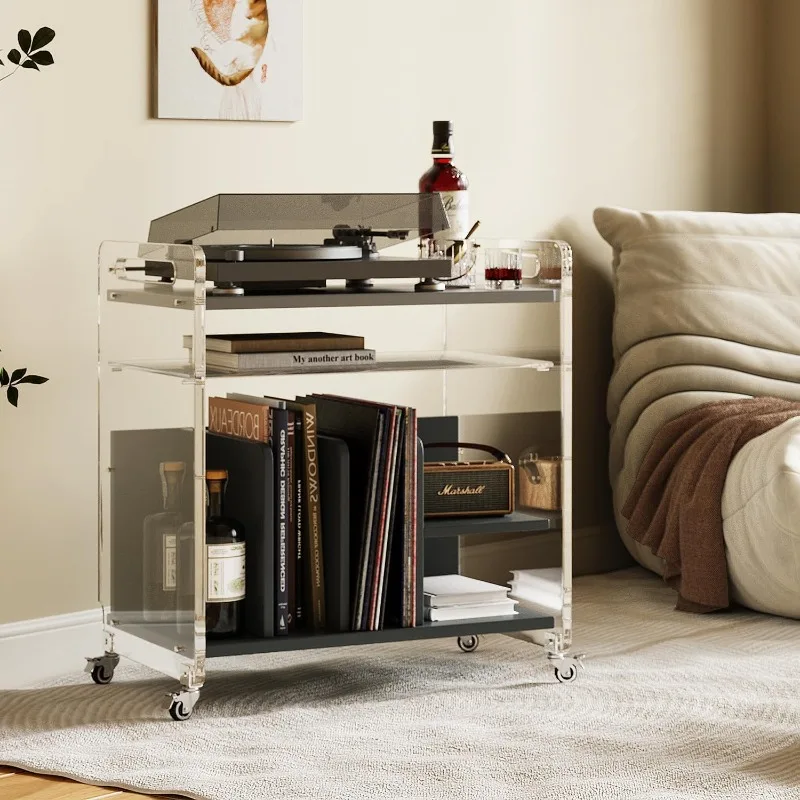 Record Player Stand，Vinyl Storage Holder Cabinet with Wheels，Acrylic Framework with Shelf Coffe Table Movable End