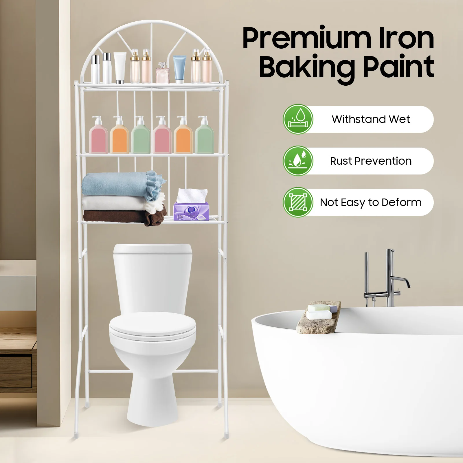 

Stylish 3-Tier Storage Shelf–Modern White,55.11 lbs Capacity, Ideal for Bathrooms and Laundry Rooms saving space with its design