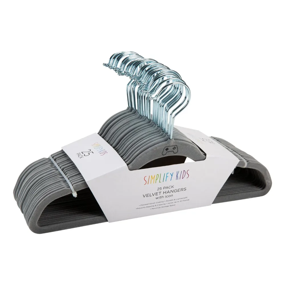 شماعات ملابس مخملية للأطفال مع أيقونة وحدة تحكم الألعاب، 25 عبوة، رمادي فاتح