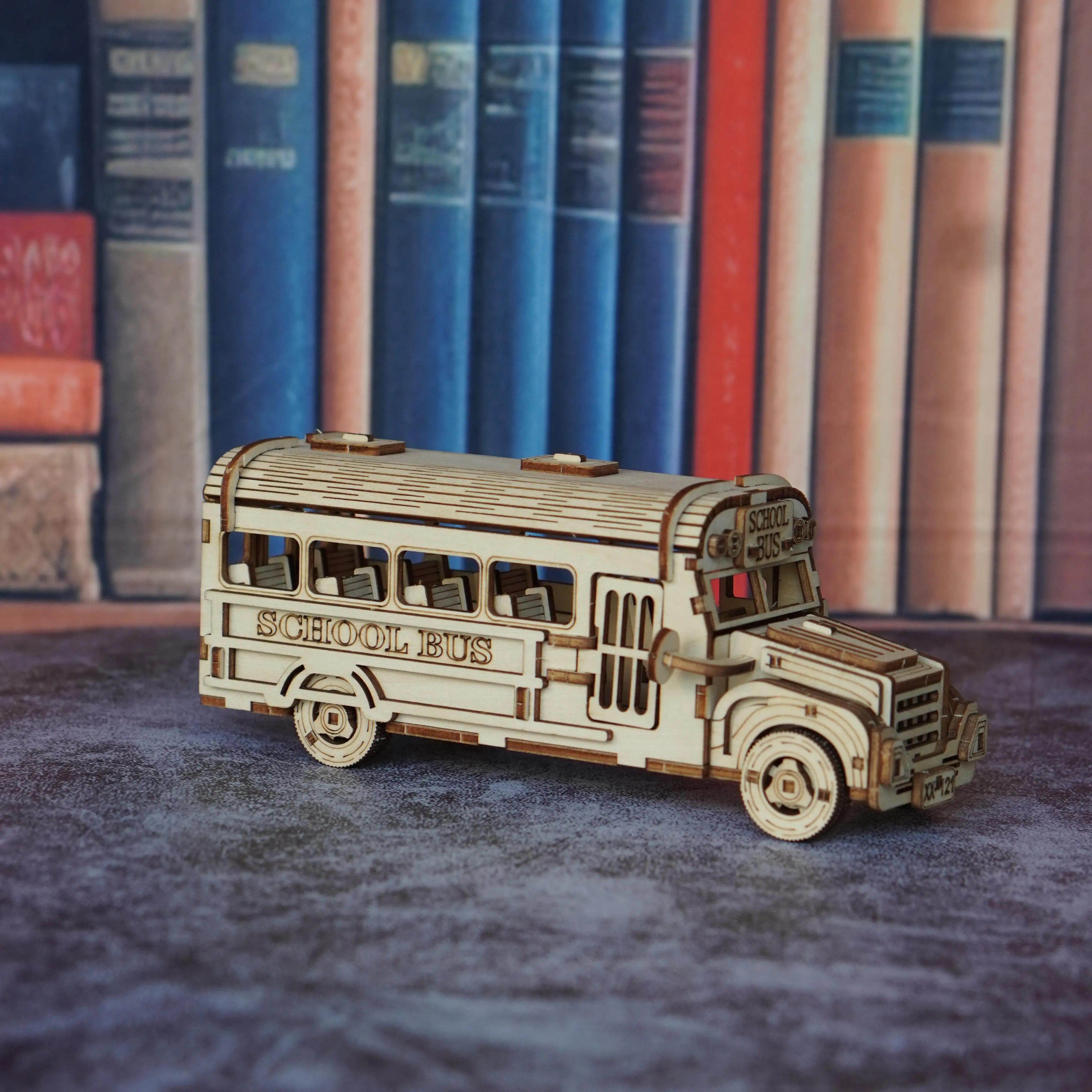 نموذج تجميع حافلة مدرسية أحجية خشبية ثلاثية الأبعاد، نموذج سيارة مجمع يدويًا، هدية تزيين لعبة إبداعية ذاتية الصنع #4