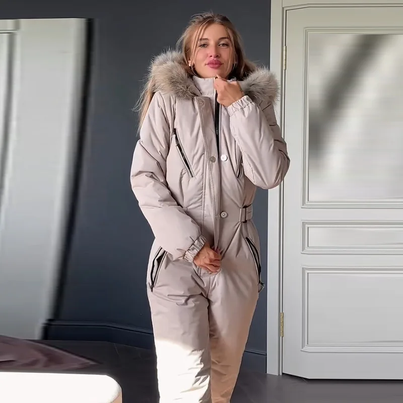 Hooded Women Ski Suit One Piece Ski Suit With Large Fur Collar Waist Cinch Ski Suit With Belt Winter Outdoor Wear 2026 Hooded Women Ski Suit One Piece Ski Suit With Large Fur Collar Waist Cinch Ski Suit With Belt Winter Outdoor Wear 2026