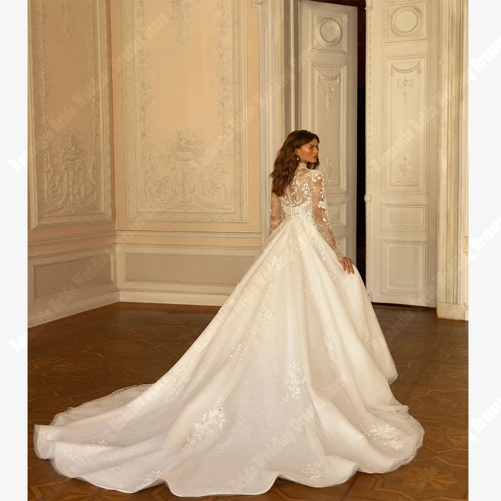 Elegant High-Neck Women Wedding Dresses Soft Satin Surface A-Line Prom Gowns Popularity Princess Fluffy Hems Vestidos De Novias