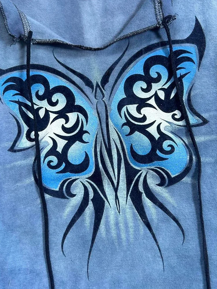 تي شيرت نسائي بتصميم فريد وطباعة زرقاء بأكمام قصيرة، قطعة علوية عصرية من القطن للارتداء اليومي، أنيقة بطابع قديم لفصل الصيف ل... #4