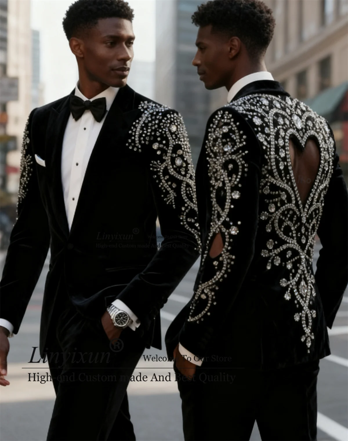 

Luxury Crystals Rhinestone Men Suits 2 Pieces Sets Party Groom Male Blazers Customized Wedding Tuxedos Hollow Back Costume Homme