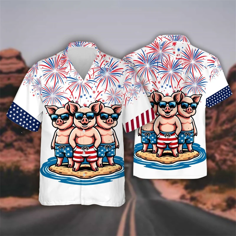 America Independence Day Graphic Beach Shirt Happy Animal Lapel Blouse July Fourth Patriotic Party Blouses US Male Button Tops