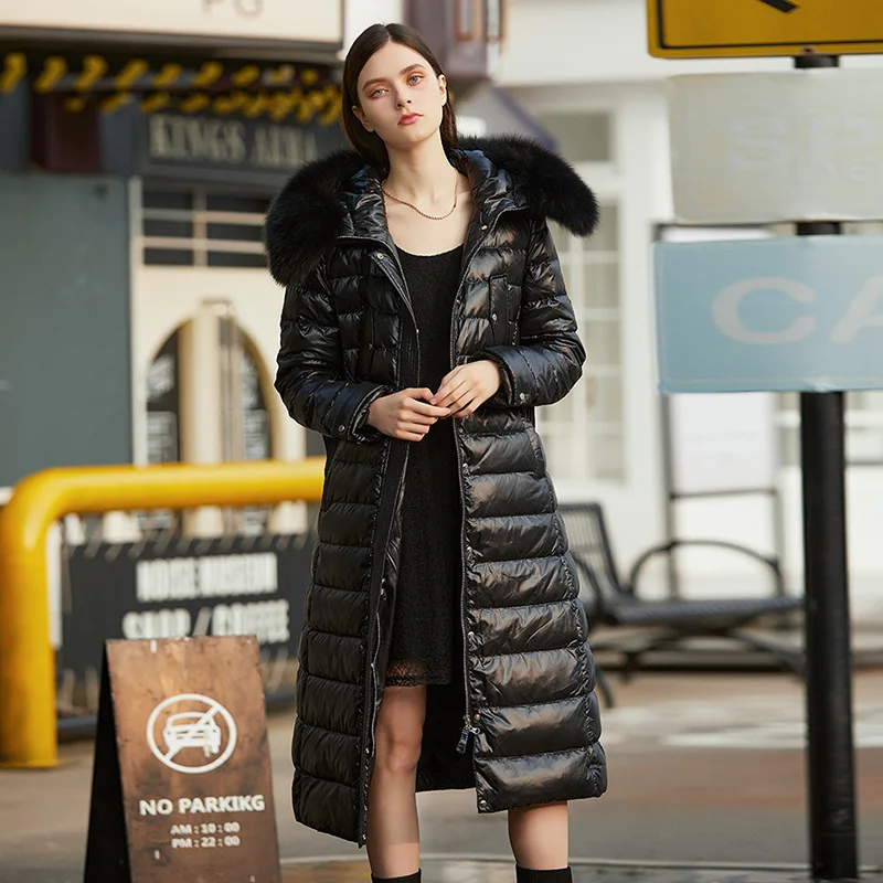 

Thick Women Long Parkas Down Coat Big Fox Fur Collar Female Puffer Jackets Solid Over Knee Slim Warm Winter Outwear Doudoune