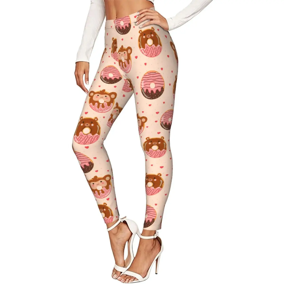 Women Full Length Elastic Leggings High Waist Tight Pants Cute Bear And Monkey Donuts Casual Bottoms