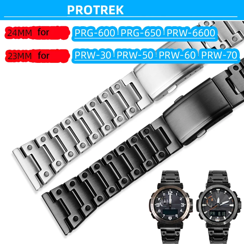 23 مللي متر 24 مللي متر حزام ساعة من الفولاذ الناعم لساعة كاسيو PROTREK PRG-600 \ 650 PRG-6600 / 30 / 50 / 60 / 70 سوار معصم معدل
