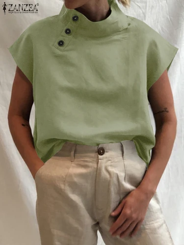 Imagen 2 del producto Celmia-Blusa de lino y algodón para Mujer, camisa blanca elegante, de manga corta, ligera, para verano, 2023