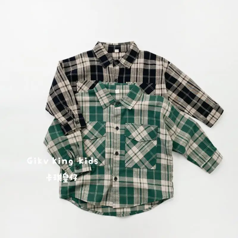 

2026 Spring New Children Long Sleeve Plaid Shirts Boys Fashion Lapel Shirts Cotton Toddler Girls Casual Coat Kids Clothes