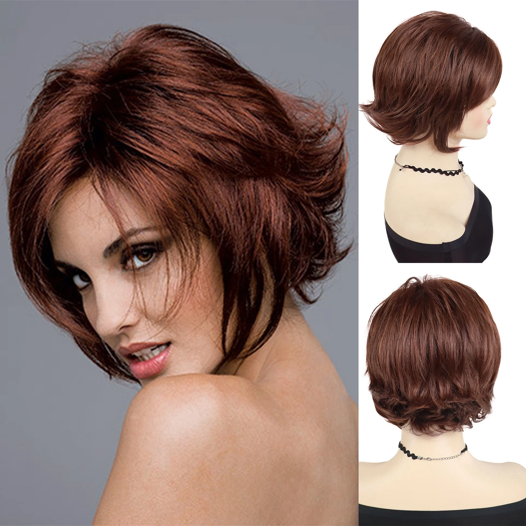 

Synthetic Hair Wigs for Women Bob Wig with Bangs Short Haircut Mom Wig Auburn Red Brown Short Curly Wigs Daily Costume Cosplay