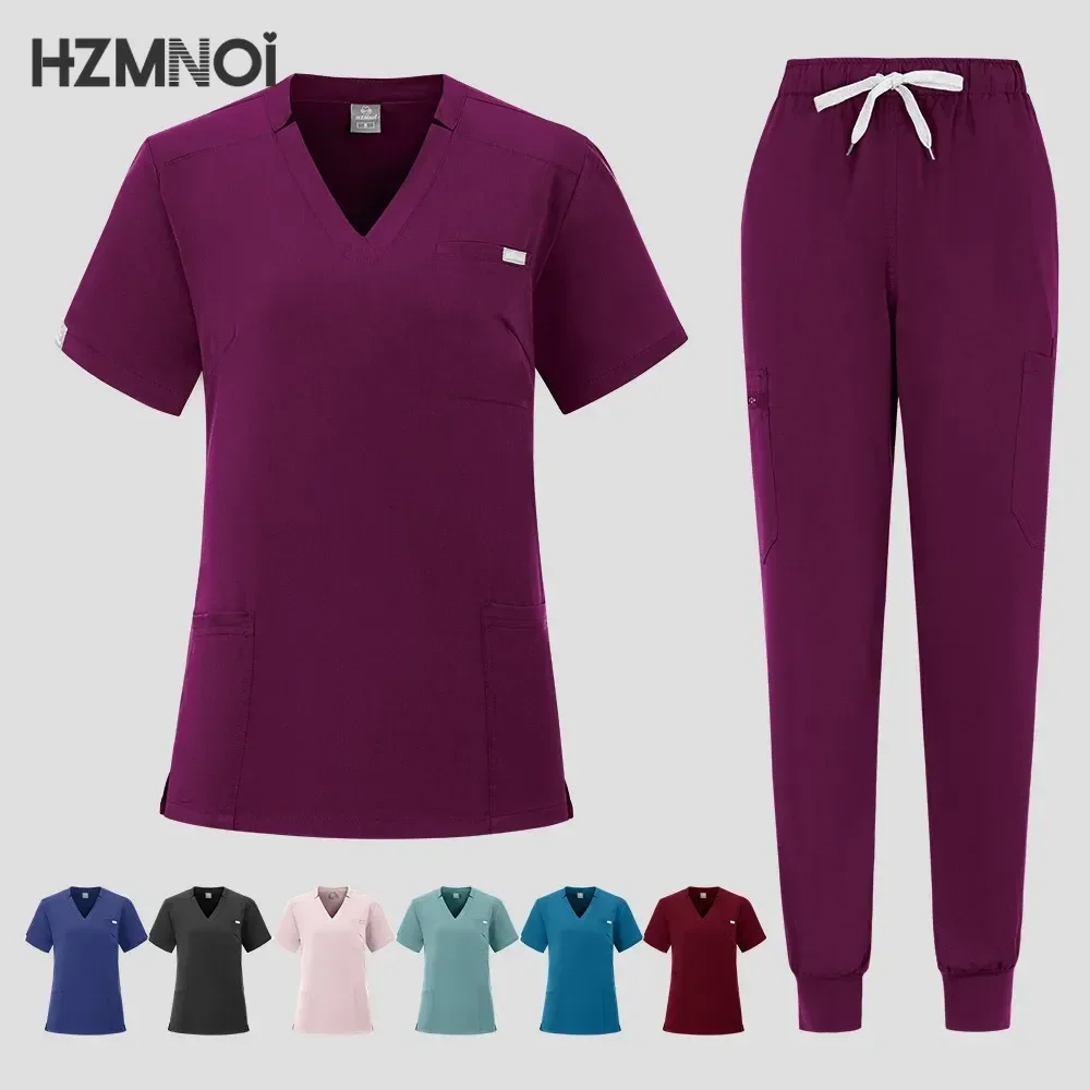 Stretch Scrub Set Medical Uniform Health Service Scrub Tops with Pocket Pants Beauty Salon Workwear Surgery Doctor Nurse Uniform