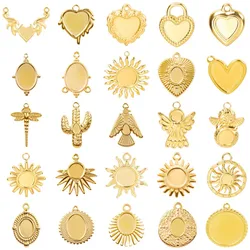 6pcs Heart Sun Angle Pendants Base Flat Bails Round Stainless Steel Charms For Jewelry Making Supplies DIY Enamel Stone Crystal