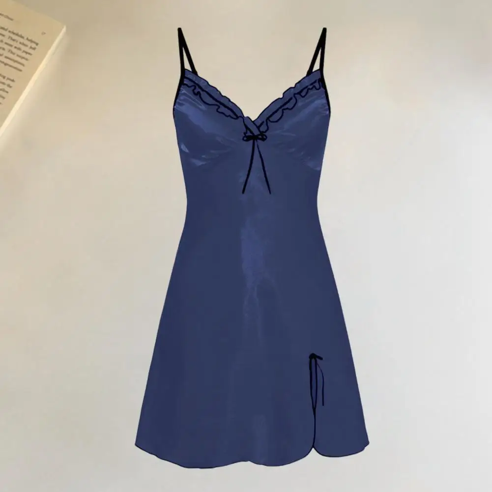 Women Nightdress Lace V Neck Spaghetti Strap A-line Solid Color Bow Decor Backless Satin Smooth Soft Sleepwear Women Nightgown