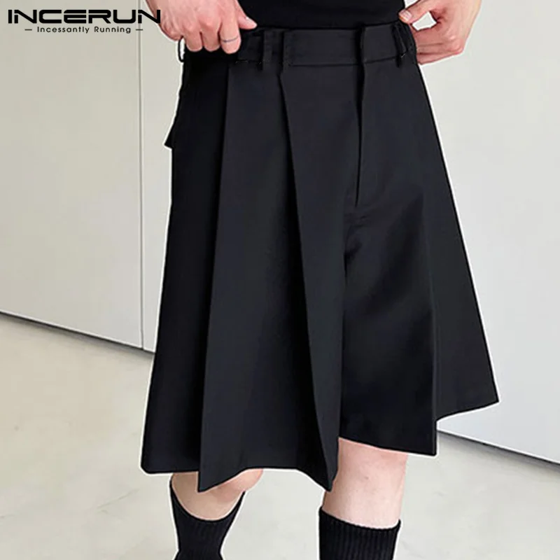 INCERUN 2024 Korean Style New Men\'s Shorts Loose Pleated Design Wide Leg Pants Casual Streetwear Solid Comfortable Shorts S-5XL