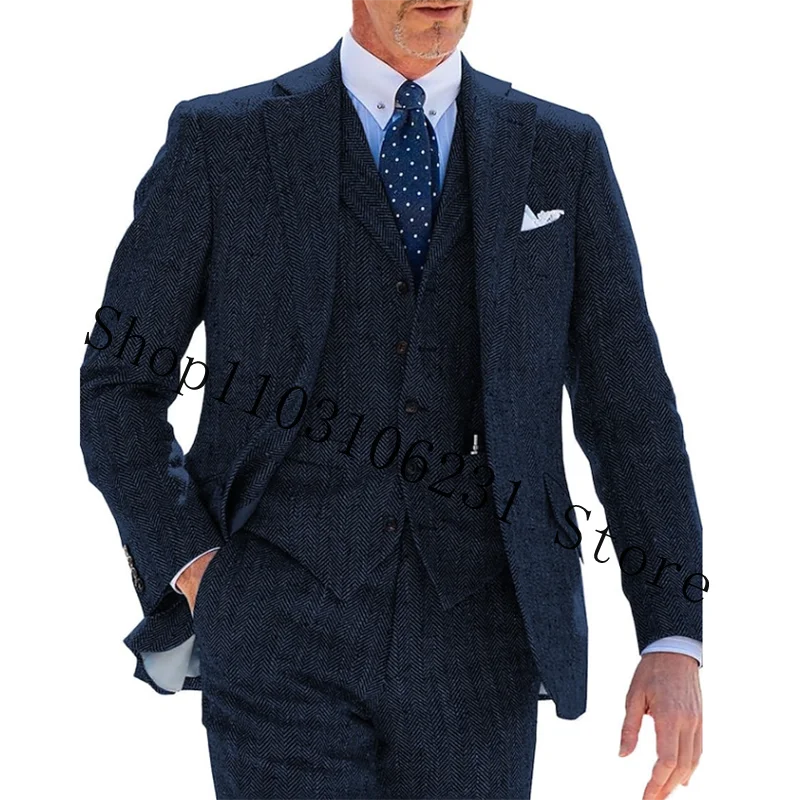 Men's Suit Business Slim Fit Jacket Vest Pants Three-Piece Set Herringbone Vintage Blazer Male Formal Suits Trajes De Hombre