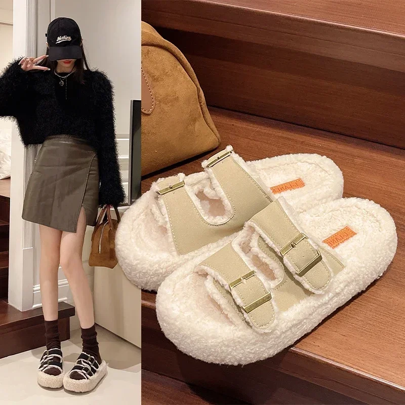 

Slippers Women Wool Fur Slippers Women Double Buckle Band Long Plush Winter Slides Furry Outdoor Footwear Flip Flops Women Shoes