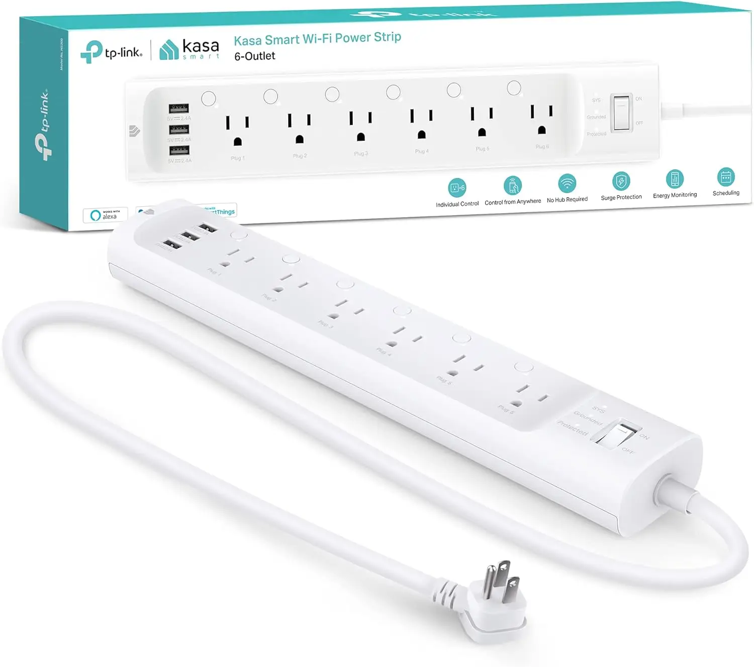 

Умный сетевой фильтр с 6 розетками, 3 USB-портами, защитой от перенапряжения, мониторингом энергопотребления, голосовым управлением для Alexa и Google Home