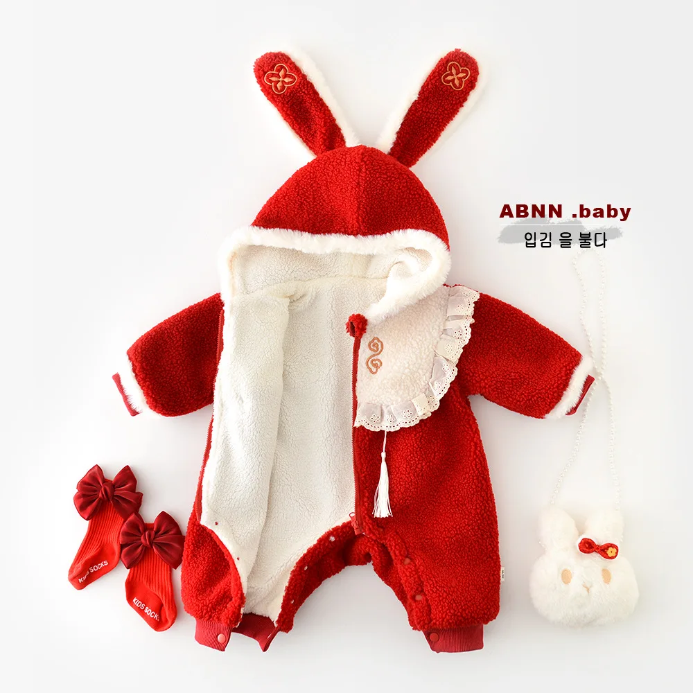 Winter New Years Baby Girls Lace Up Tassel Jumpsuit Plush Thick Rabbit Hooded Warm Infant Girl Climbing Suit Newborn Girl Outfit