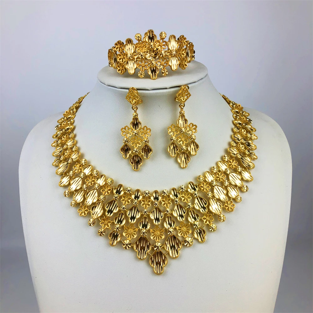 مجموعة مجوهرات فاخرة أصلية مطلية بالذهب عيار 18 قيراط للنساء، قلادة ذهبية عصرية، حلق، سوار، خاتم، هدايا زفاف في دبي
