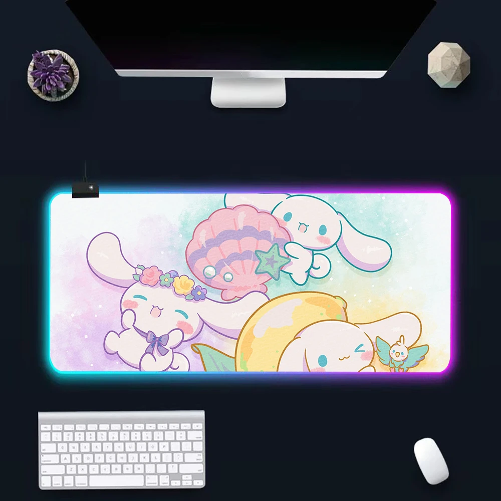 Cute Cartoon Cinnamoroll RGB Pc Gamer Keyboard Mouse Pad Mousepad LED Glowing Mouse Mats Rubber Gaming Computer Mausepad