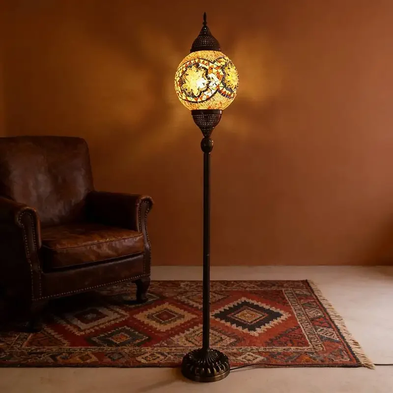 Hotel floor lamp, iron base, handmade, 1 ball, colorful Moroccan Tiffany style mosaic upright lamp