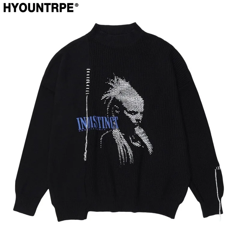 

Fashion Hip Hop Knitted Sweater Mens Autumn Winter O-neck Punk Pattern Pullover Streetwear Casual Loose Sweaters Jumper Knitwear