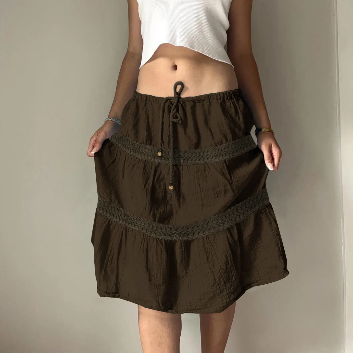 SUCHCUTE Vintage A-Line Beaded Tie-Waist Woven Skirt For Woman Chic Brown Lace Design Slim Mid-length Skirt Y2k Boho Clothes New