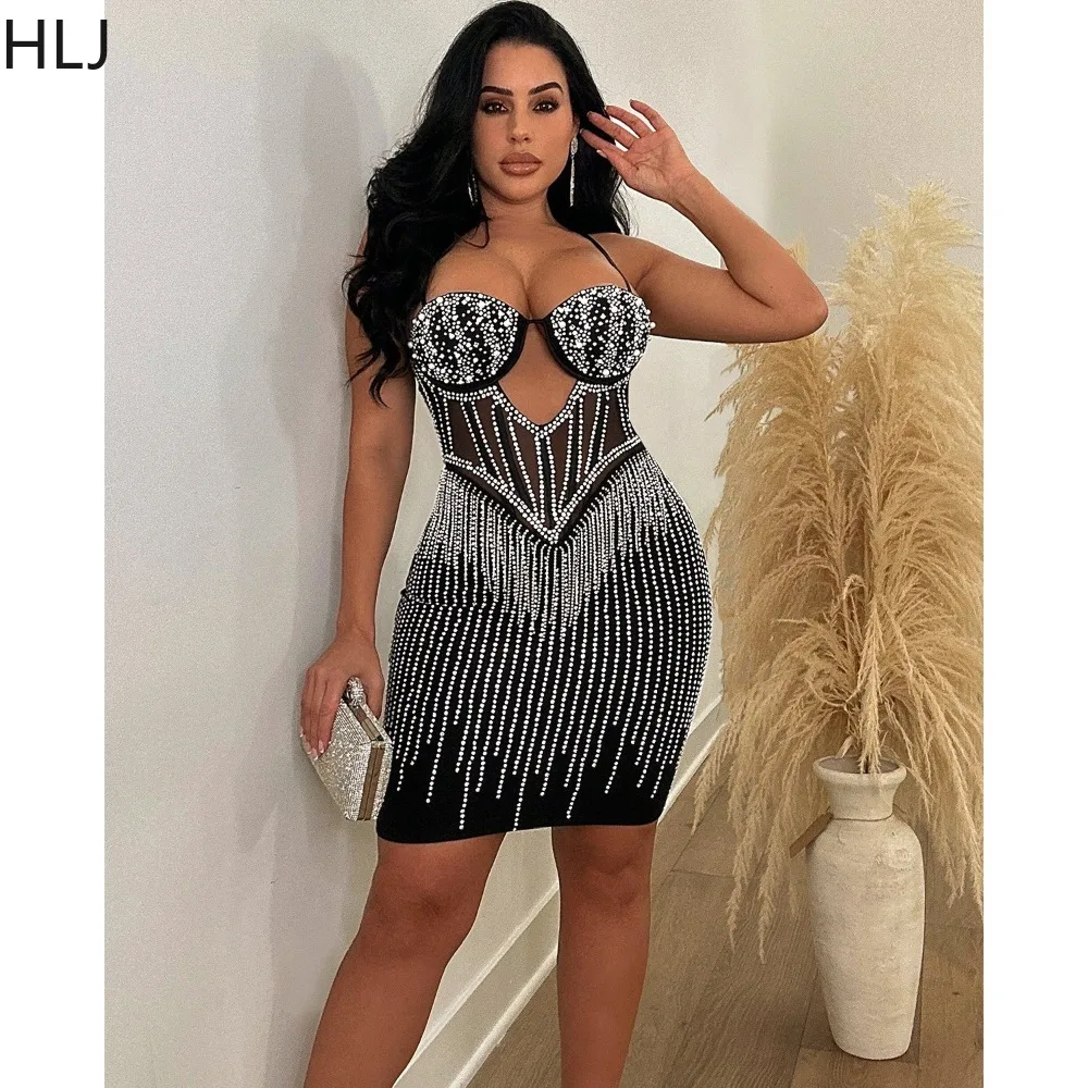 Hlj Mode Luxus Strass hohl Party Nachthemd Kleid Frauen ärmellose dünne Riemen Bodycon Mini kleid sexy rücken freie Vestidos