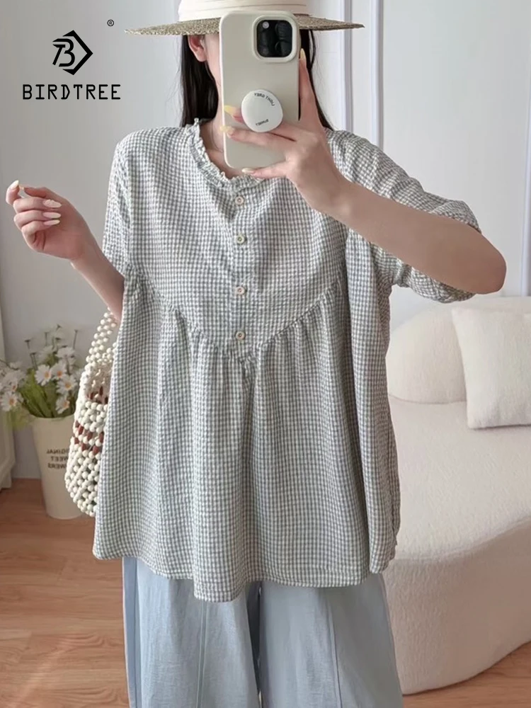 

New 2025 Summer Cotton Short Sleeve Shirt, Women Stand Plaid Ruffles, Mori Girl Retro Sweet Commute Loose Doll Blouse T57019CC