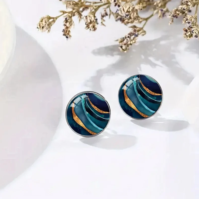 Blaue Marmor strukturierte Glaskuppel Ohr stecker Vintage Edelstahl künstlerische ästhetische Ohrringe für Frauen – Detail 3