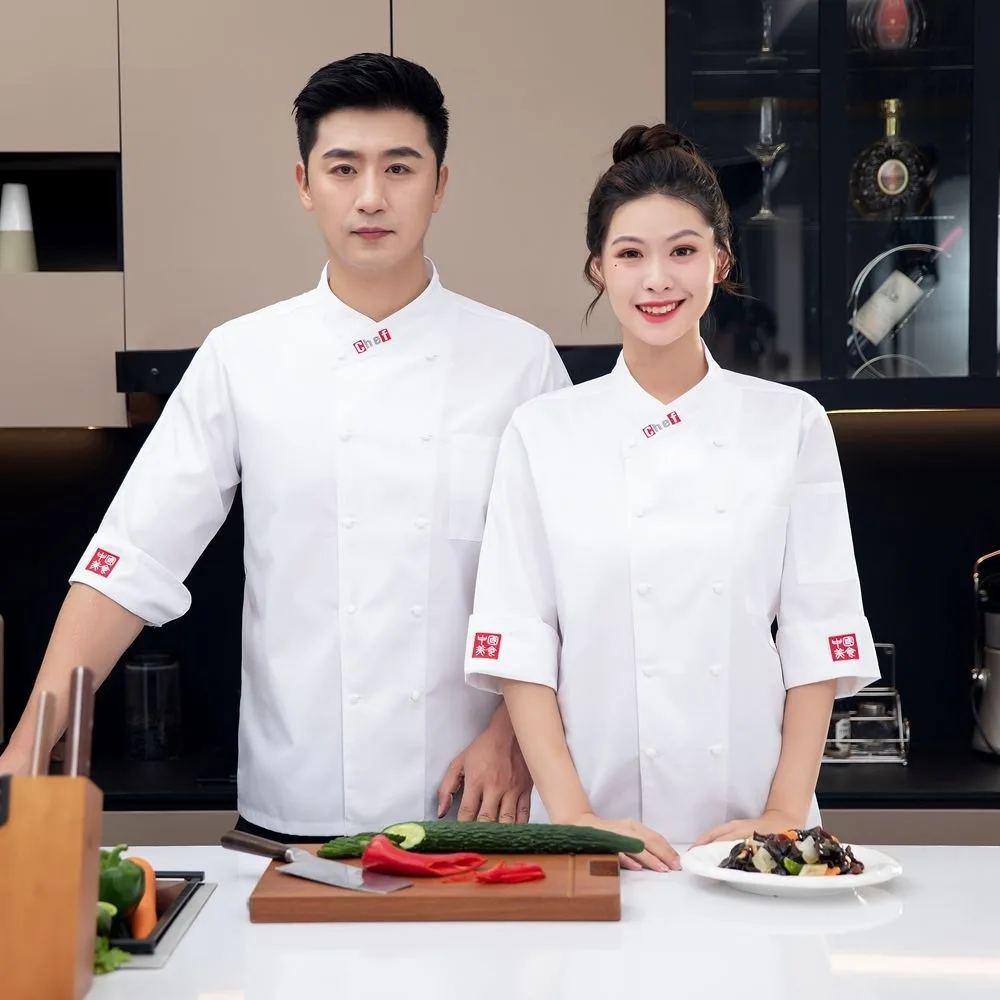 7/10 Sleeve Chef Uniforms for Men & Women - Chinese Style High-End Hotel Workwear, Fashionable Kitchen Clothing