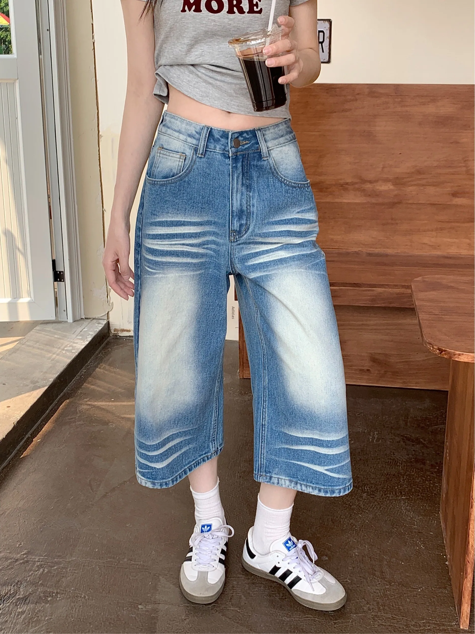 

Washed Blue Lazy Seven-Foot Women's Jeans High Waist Loose Wide Leg Casual Trousers Spring New Fashion Loose Fit Mid-Length