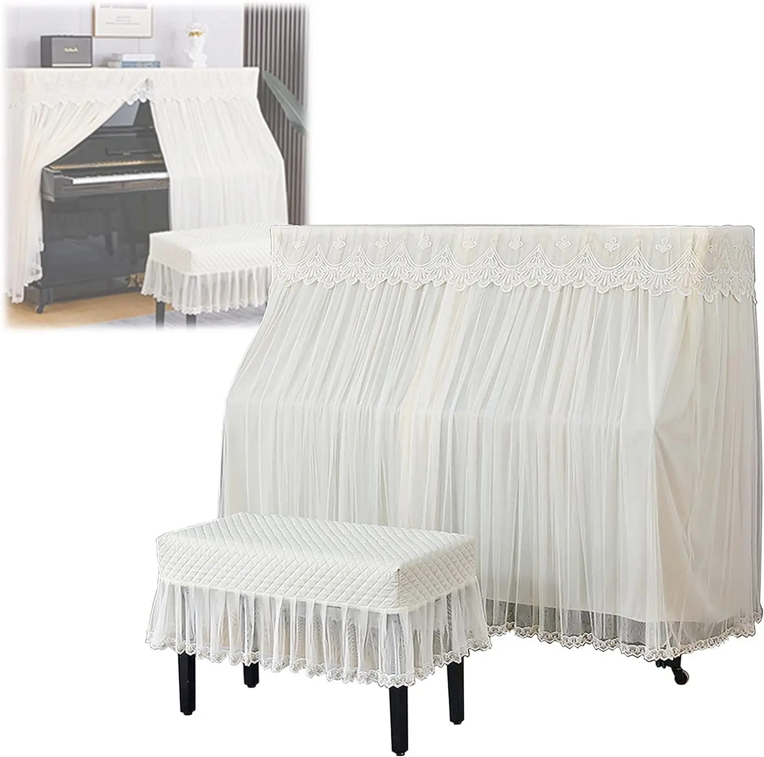 GoodTop Piano Cover Full Cover Upright Protector Embroidery Lace Thickened Quilting Process Cloth Dustproofing Piano Cover Set