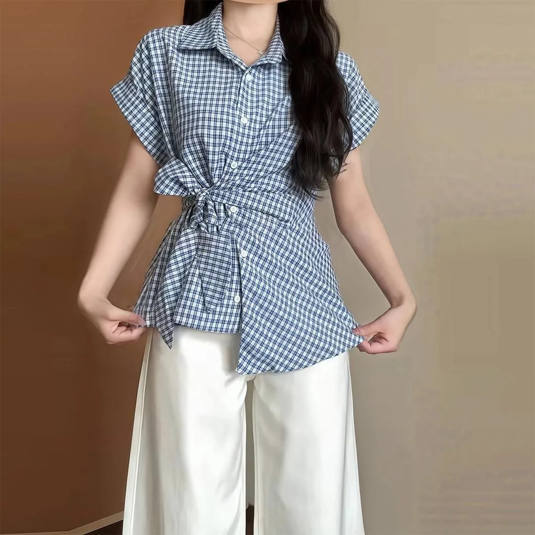 

Summer Women's Clothing Slimming Tie Waist Casual Wear Lolita Style Blouse For Woman Vintage 3D Print Silk Satin Bodycon Top