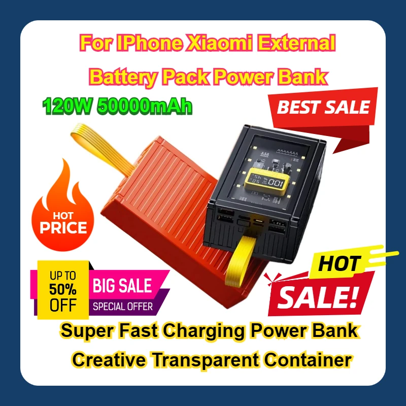 

120W 50000mAh For IPhone Xiaomi External Battery Pack Power Bank Super Fast Charging Power Bank Creative Transparent Container