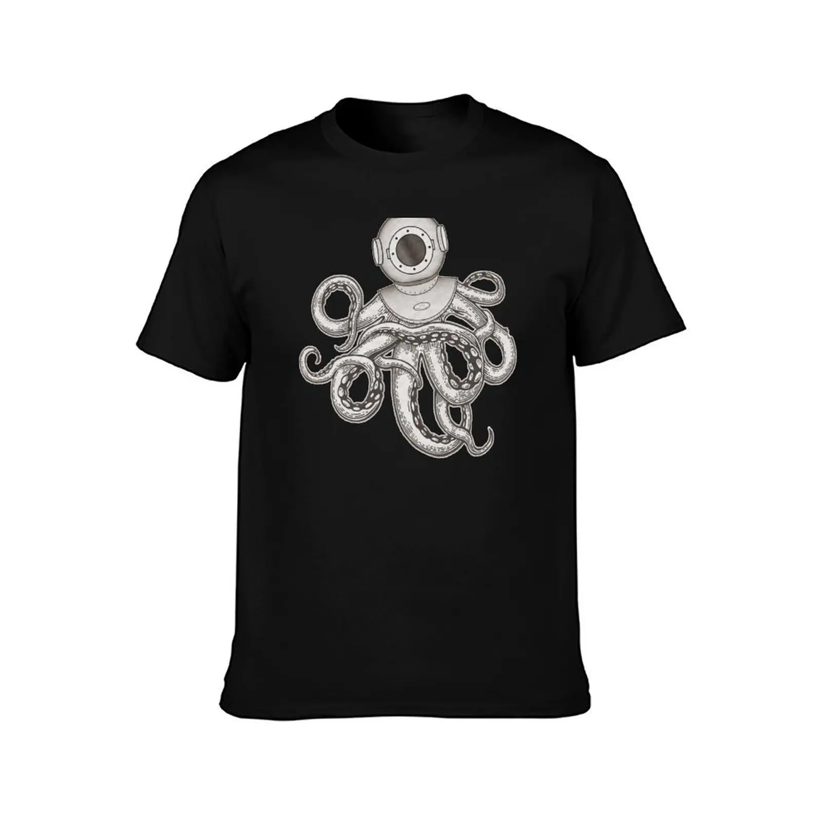 Steampunk Octopus With Diving Bell T-Shirt, Summer Casual Cotton Tee, Oversized Streetwear Tops, Vintage Graphic Print
