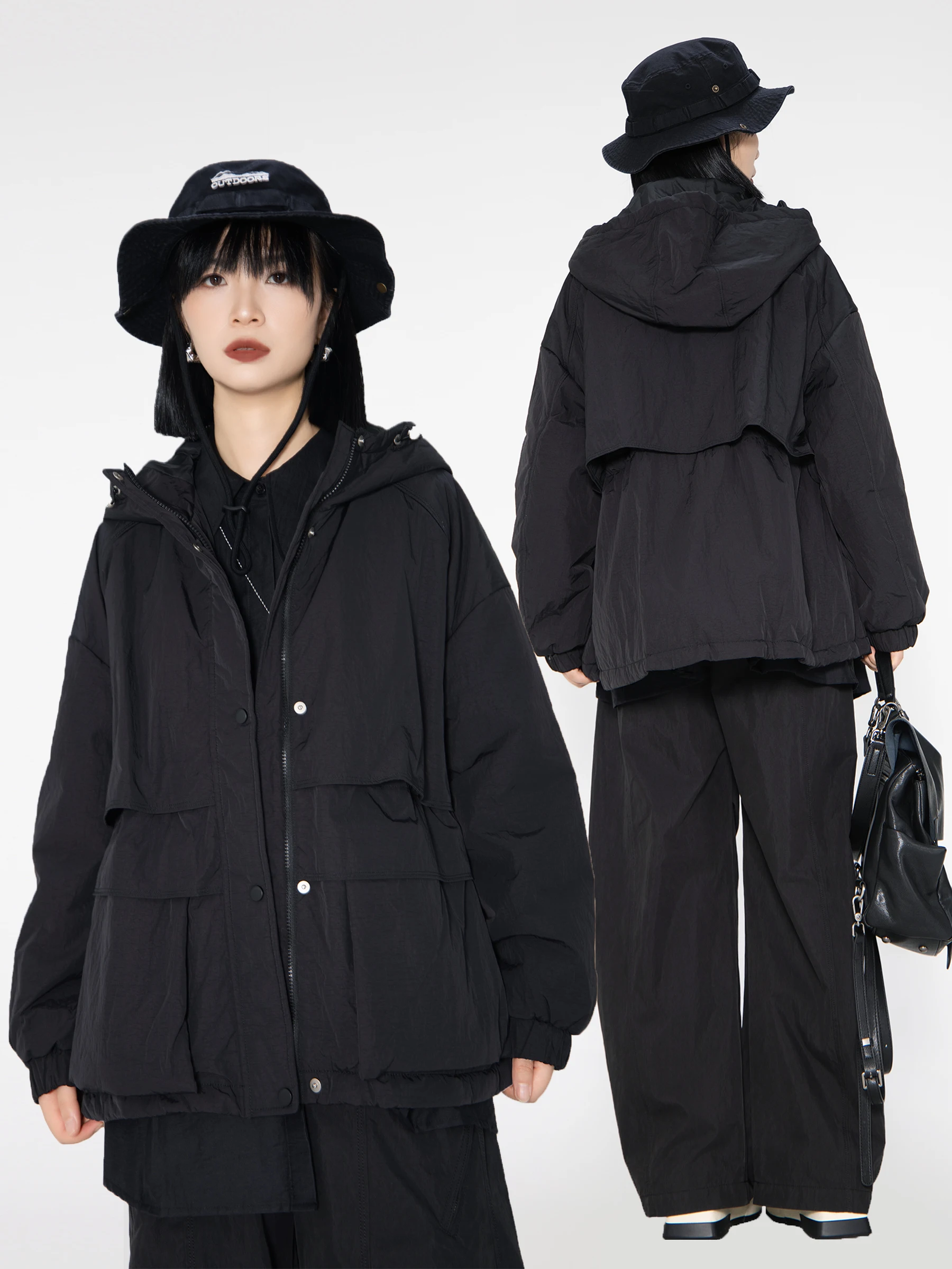 

Shuer ChenNiang Woolen Cotton Jacket Women's Loose Fit Hooded Coat Drawstring Layered Warmth Nylon Fabric Long Sleeve Zipper