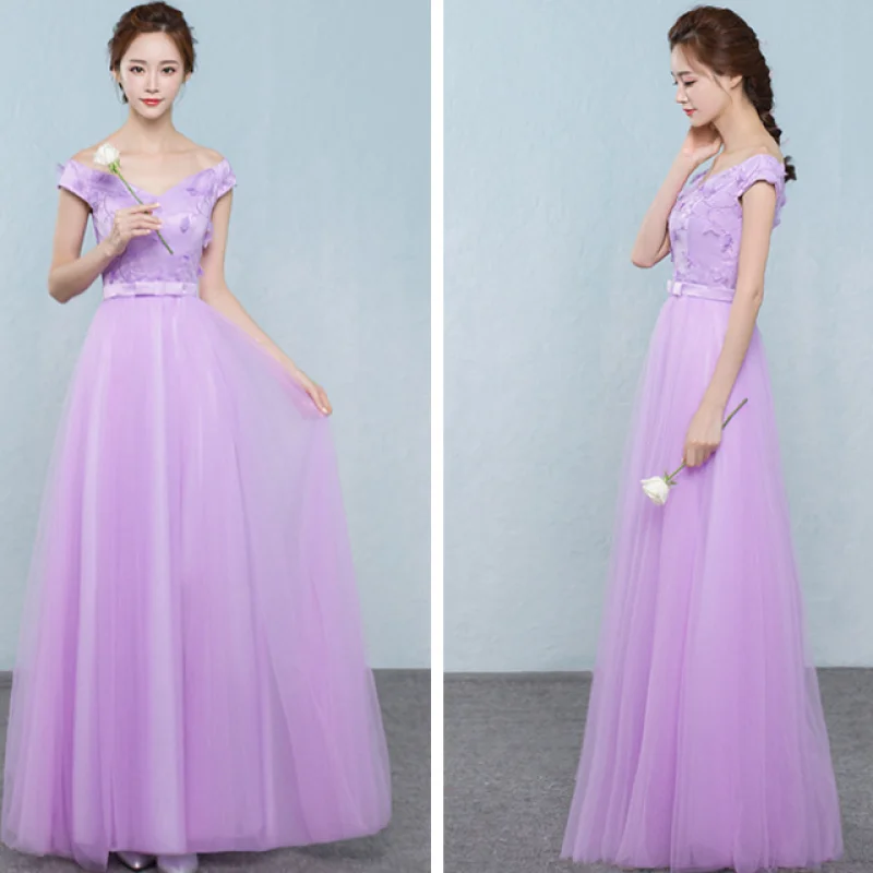 Reject Return 2024 Purple Lilac Bridemsiad Dresses With Half Sleeves Appliques Lace Up Wedding Party Prom Robe Girls Dress