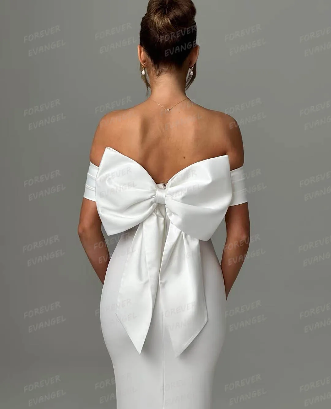 Vestidos de casamento de luxo Sereia da mulher Sexy Off Shoulder Bow Backless mangas Elegante Tea-Length Vestidos Novia