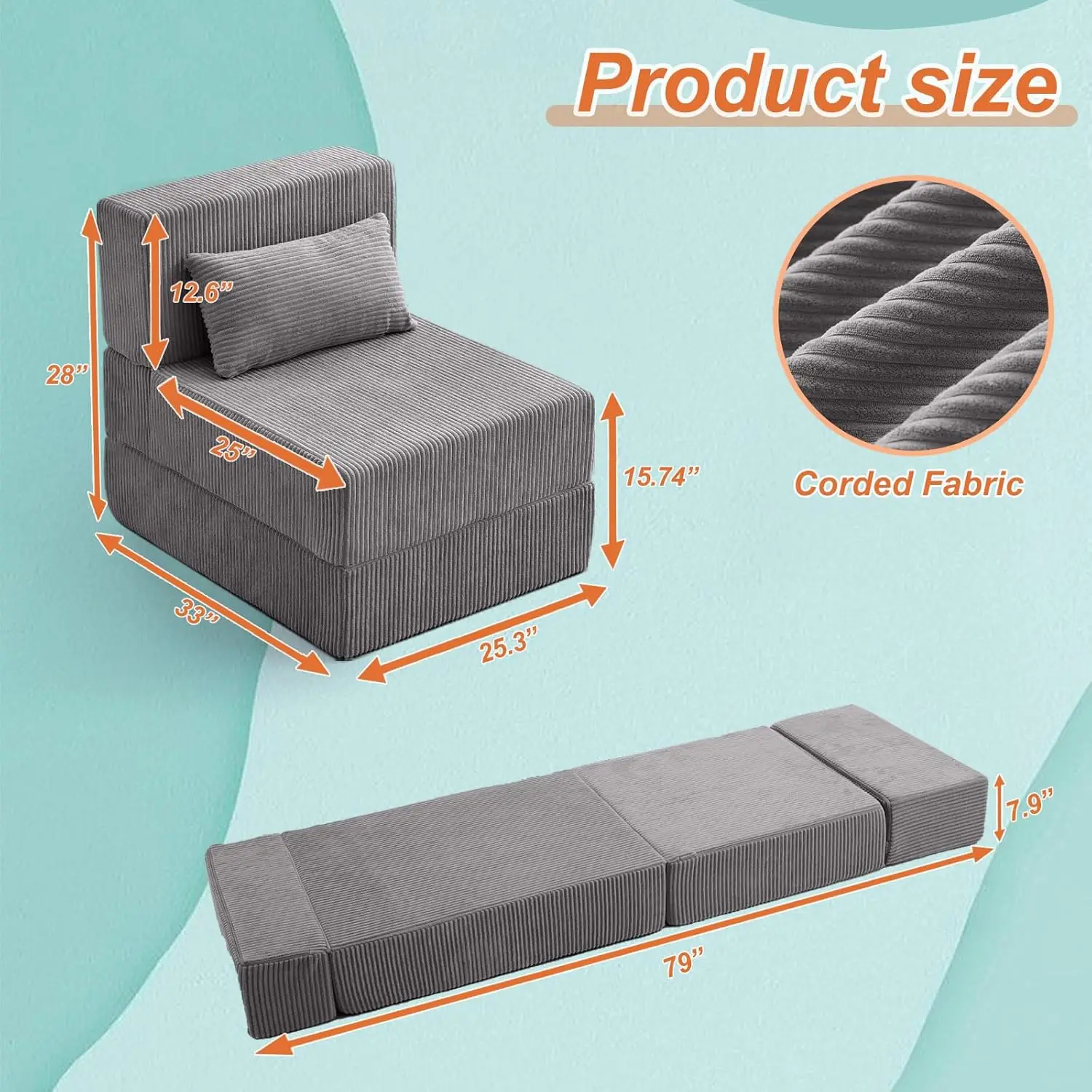 Sofá cama plegable, Convertible, plegable, portátil, con almohada, respaldo ajustable