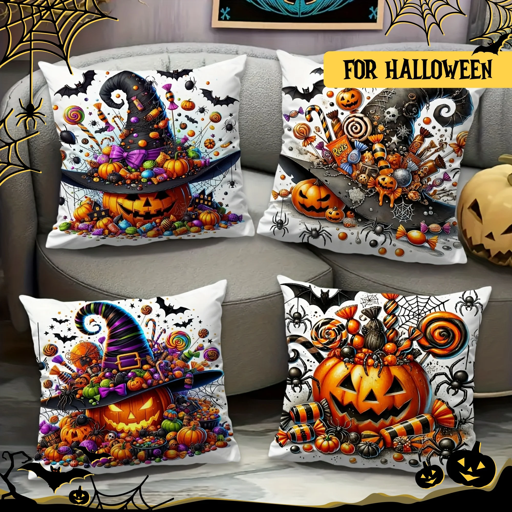 Ultimate Halloween Pumpkin Witch Pillow Covers Set of 4 Spooky Fall Throw Cushion Case Accent Decor for Autumn Party Season
