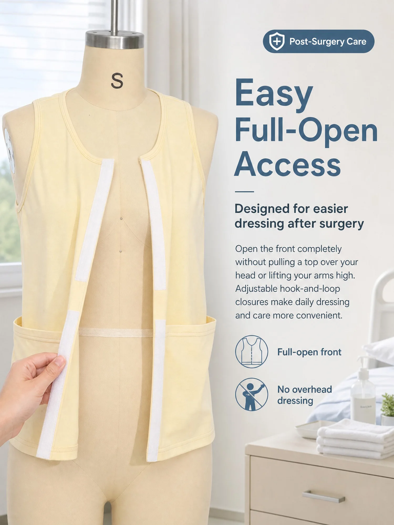 Women Postoperative Recovery Vest Sleeveless Hook-and-loop Closure Tank Top with Pockets for Nursing Special Needs Hospital Home