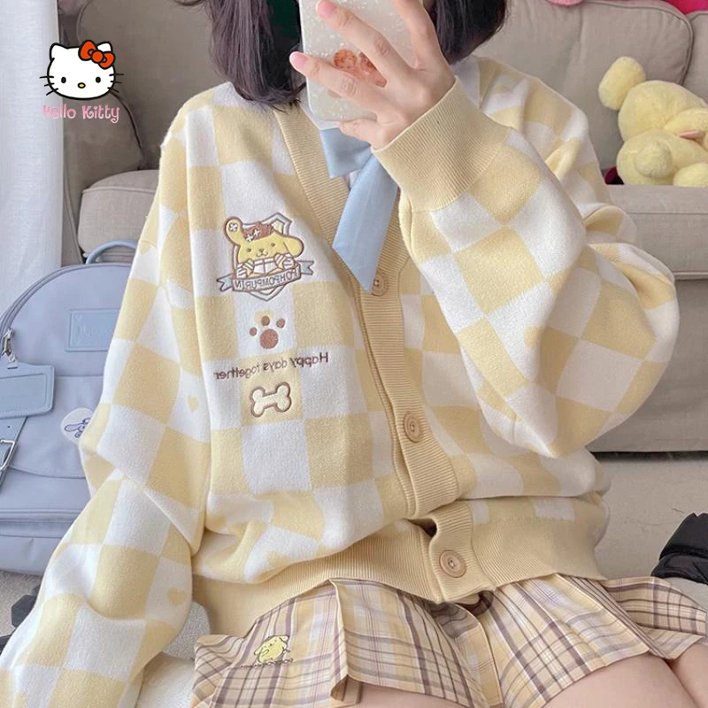 Kawaii Sanrio Pompom Purin Plaid Coat Cute My Melody Kuromi Cinnamoroll Autumn Winter Student Sweater Casual Jacket Sweater Gift