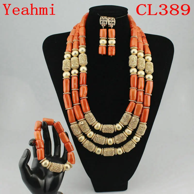 Handmade 3 Layers Real Coral Beads Chunky Women Jewelry Sets Accessory African Bridal Costume Jewelry Set