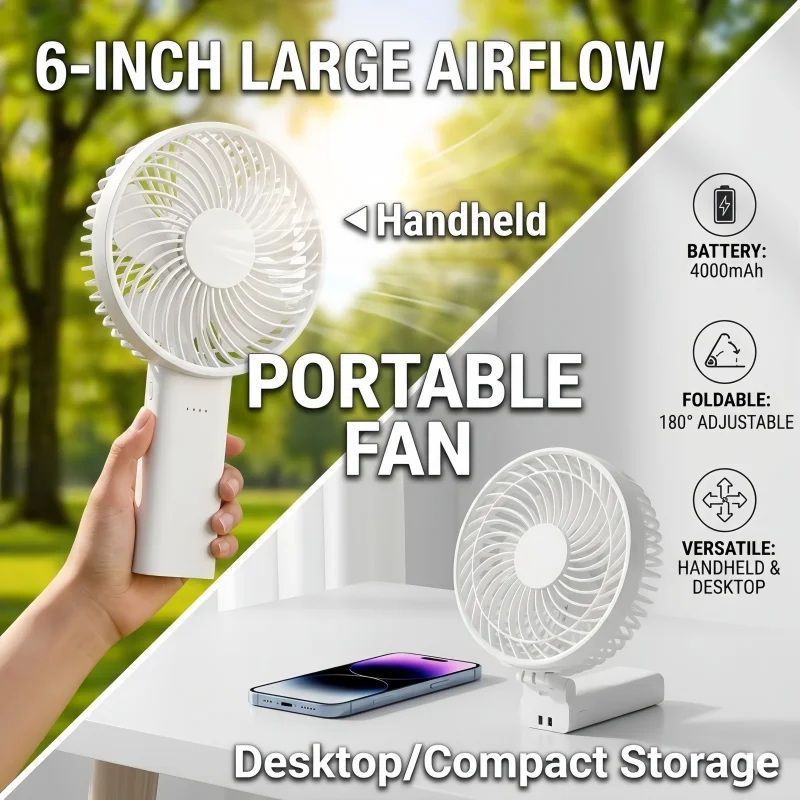 Ventilador Grande de 6 Polegadas XIAOTREE com Motor Bldc, Ventilador de Mesa Portátil e Dobrável, Circulador Sem Fio 180 °   Ventilador de Mesa Dobrável para Barraca/Tenda