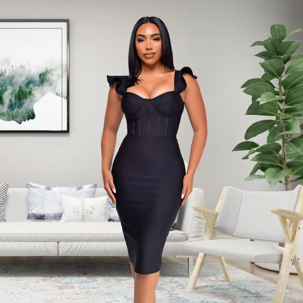 HOBORY 2024 women sexy Mid-length dress RUFFLES strap black bandage party dress celebrity sleeveless vestido