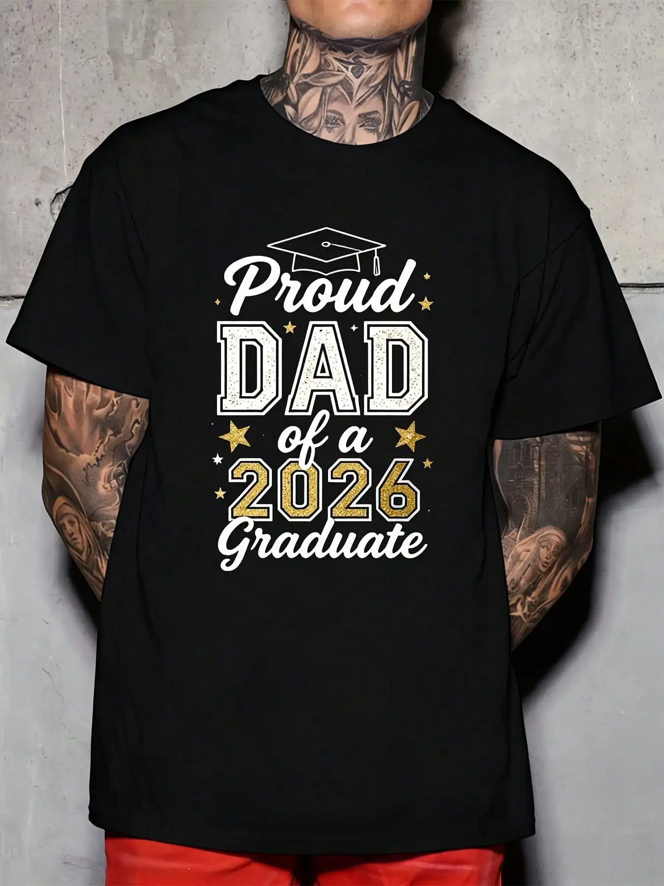 Proud Dad Of A 2026 Graduate Graduation Cap And Stars Print Men Round Neck T Shirt For Father Graduation Celebration Party 220g