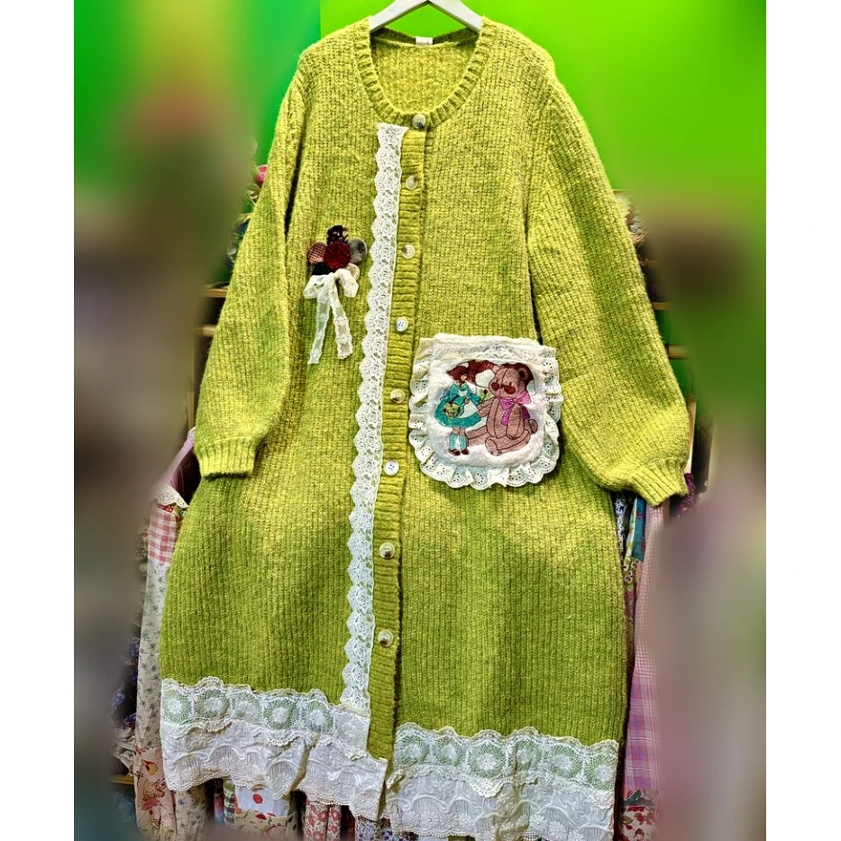 

Winter Sweet Lace Patchwork Lolita Mori Girl Knitted Wool Long Cardigan 2025 Casual Korean Japanese Harajuku Kawaii Midi Sweater