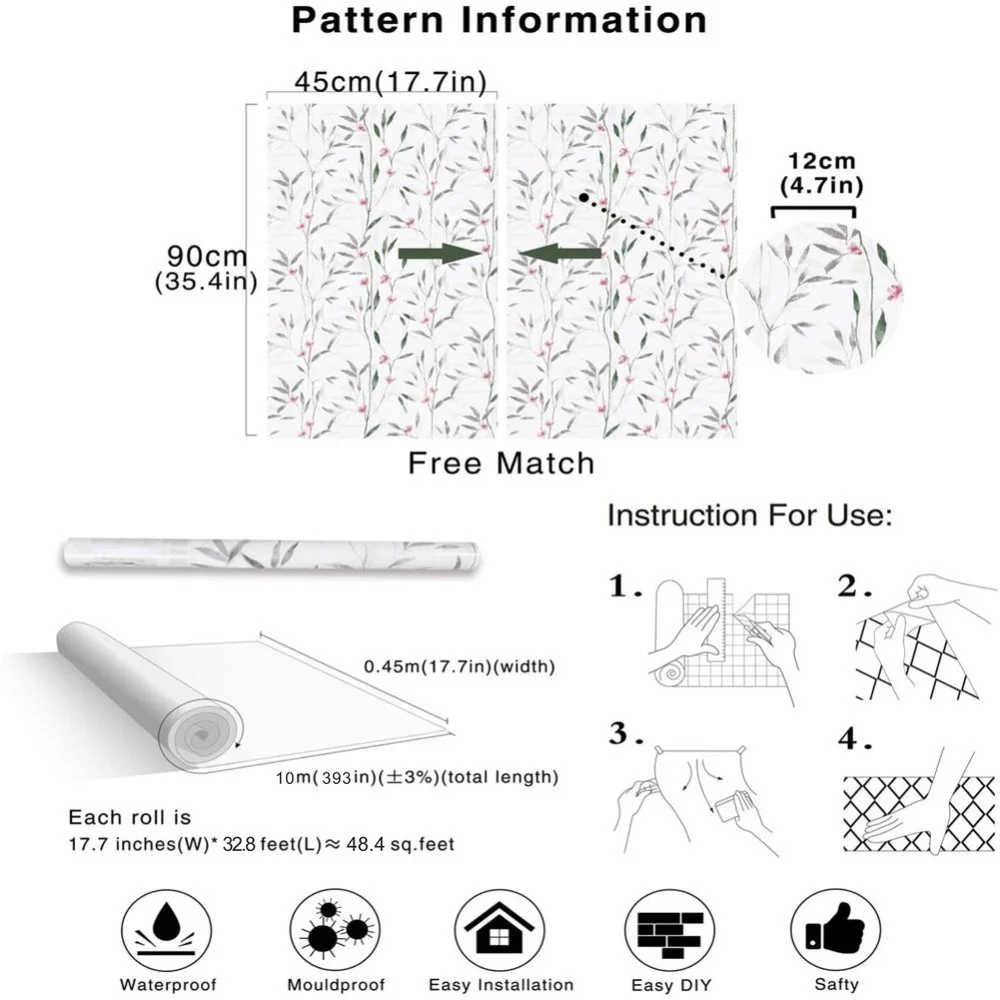 Papel tapiz de hojas florales, autoadhesivo de vinilo, diseño para paredes, baño, dormitorio, decoración del hogar, 10m de largo